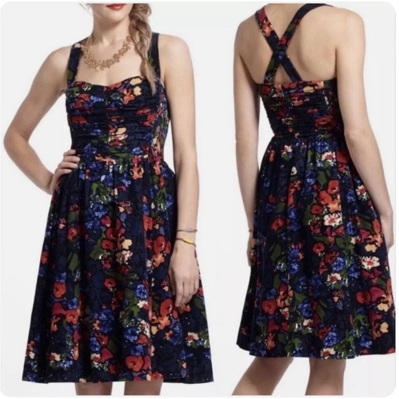 Anthropologie Dress size 0 HD Paris Paca Navy Blue Floral Corduroy Smocked Back - Picture 2 of 8